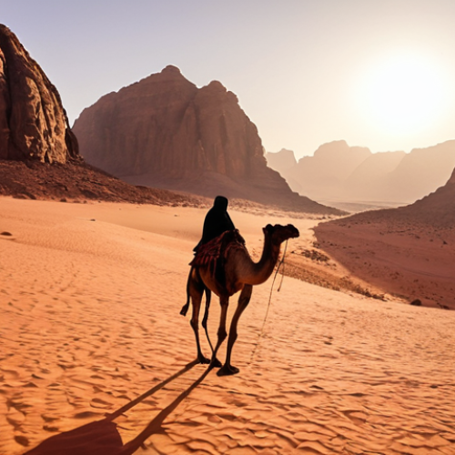 Home 4 **Prompt:** A wide-angle shot capturing a vast Wadi Rum landscape at golden hour. The foreground features a lone Bedouin on a camel, silhouetted against the towering sandstone mountains bathed in the warm, soft light of the setting sun. Capture the dramatic shadows and vibrant colors of the desert.