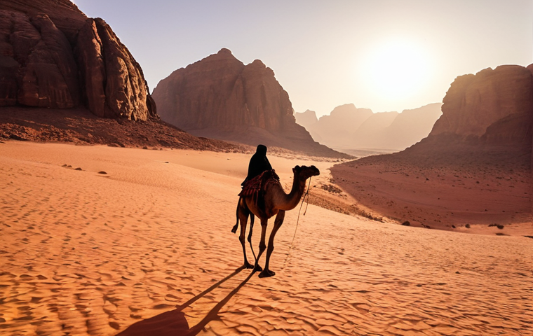 **Prompt:** A wide-angle shot capturing a vast Wadi Rum landscape at golden hour. The foreground features a lone Bedouin on a camel, silhouetted against the towering sandstone mountains bathed in the warm, soft light of the setting sun. Capture the dramatic shadows and vibrant colors of the desert.