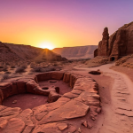 A solitary figure on a winding, dusty ancient trail in Jordan's vast desert, surrounded by towering sandstone cliffs glowing in fiery red and orange hues at sunset. Subtly integrated in the foreground are faint petroglyphs or ancient water system remnants, evoking a sense of deep history. The sky is a dramatic mix of gold and soft purple, reflecting the immense, timeless landscape.