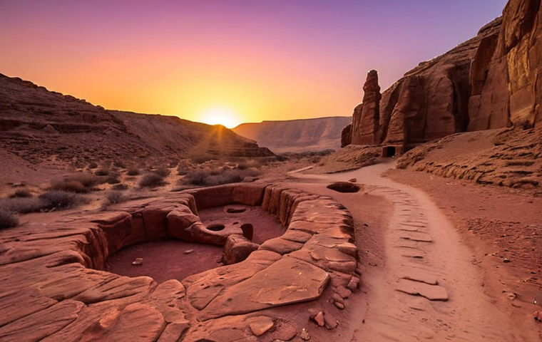 A solitary figure on a winding, dusty ancient trail in Jordan's vast desert, surrounded by towering sandstone cliffs glowing in fiery red and orange hues at sunset. Subtly integrated in the foreground are faint petroglyphs or ancient water system remnants, evoking a sense of deep history. The sky is a dramatic mix of gold and soft purple, reflecting the immense, timeless landscape.