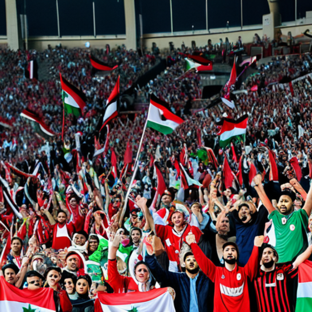 A professional image of a vibrant and diverse crowd of adult male and female fans, fully clothed in modest, national team red and white colors, enthusiastically cheering inside a large, modern football stadium. Jordanian flags wave prominently in unison as the crowd erupts in unified chants, showing immense national pride and collective spirit. The bright stadium lights illuminate the scene, capturing the electrifying atmosphere of a match day. professional photography, high quality, perfect anatomy, correct proportions, natural pose, well-formed hands, proper finger count, natural body proportions, safe for work, appropriate content, fully clothed, professional dress, family-friendly.