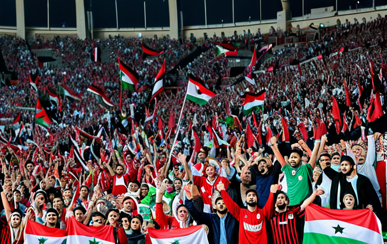 A professional image of a vibrant and diverse crowd of adult male and female fans, fully clothed in modest, national team red and white colors, enthusiastically cheering inside a large, modern football stadium. Jordanian flags wave prominently in unison as the crowd erupts in unified chants, showing immense national pride and collective spirit. The bright stadium lights illuminate the scene, capturing the electrifying atmosphere of a match day. professional photography, high quality, perfect anatomy, correct proportions, natural pose, well-formed hands, proper finger count, natural body proportions, safe for work, appropriate content, fully clothed, professional dress, family-friendly.