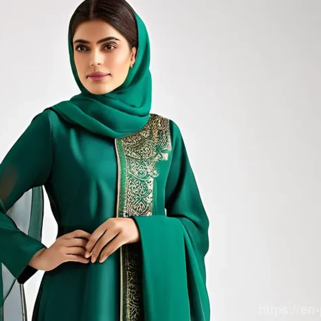 요르단의 여성 의류 트렌드 - **Prompt:** A stylish Jordanian woman in her late 20s or early 30s, wearing a contemporary emerald g...