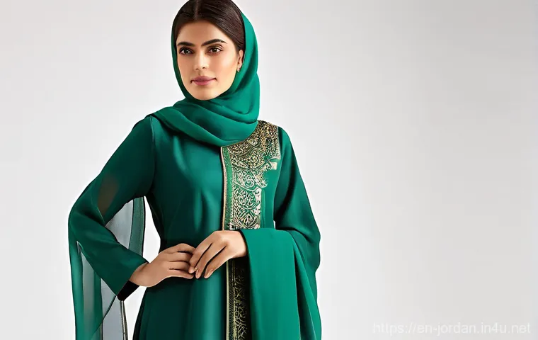 요르단의 여성 의류 트렌드 - **Prompt:** A stylish Jordanian woman in her late 20s or early 30s, wearing a contemporary emerald g...