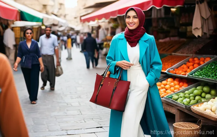 요르단의 여성 의류 트렌드 - **Prompt:** A stylish Jordanian woman in her late 20s or early 30s, wearing a contemporary emerald g...