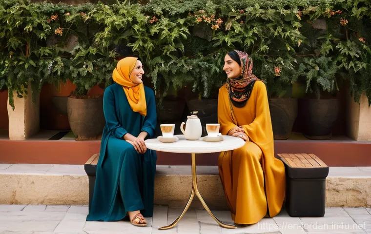 요르단의 여성 의류 트렌드 - **Prompt:** A graceful Jordanian woman in her mid-30s, showcasing sophisticated layering in a bustli...