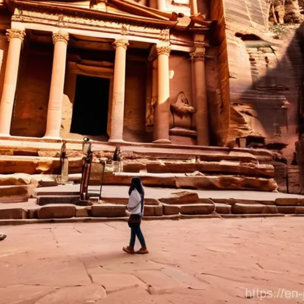 요르단에서 라마단 체험 - **Prompt:** A serene and majestic scene of the ancient city of Petra during the daylight hours of Ra...