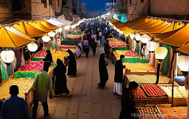 요르단에서 라마단 체험 - **Prompt:** A vibrant and warm image capturing a traditional Jordanian Iftar feast. A large, ornate ...