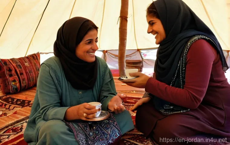 요르단에서의 안전한 여행 팁 - **Prompt:** A warm and respectful cultural exchange taking place inside a cozy, traditionally decora...