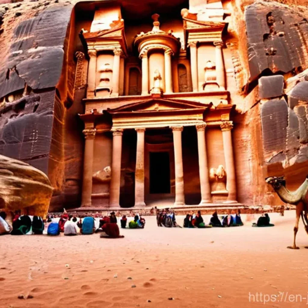 요르단 역사 속 주요 사건 - **Ancient Petra: Nabataean Traders at Al-Khazneh**
    "A vibrant, wide-angle shot of the Treasury (...