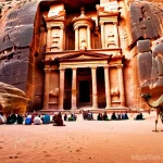 Home 13 요르단 역사 속 주요 사건 - **Ancient Petra: Nabataean Traders at Al-Khazneh**
"A vibrant, wide-angle shot of the Treasury (...