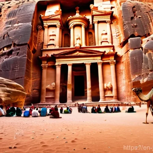 Home 25 요르단 역사 속 주요 사건 - **Ancient Petra: Nabataean Traders at Al-Khazneh**
"A vibrant, wide-angle shot of the Treasury (...