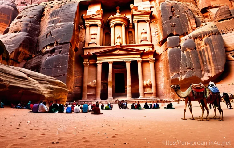 요르단 역사 속 주요 사건 - **Ancient Petra: Nabataean Traders at Al-Khazneh**
    "A vibrant, wide-angle shot of the Treasury (...