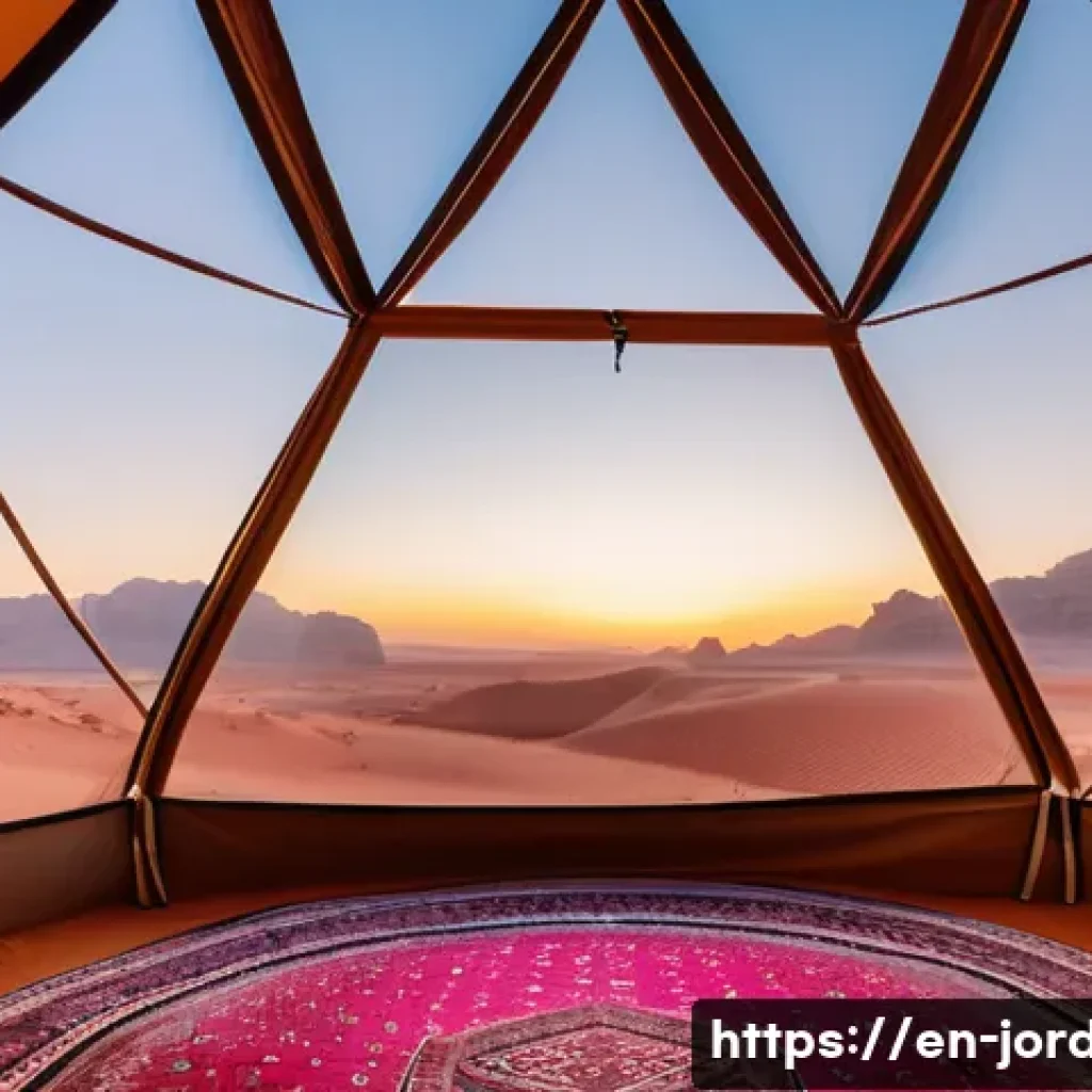 요르단 사막 캠핑 방법 - **Prompt:** A breathtaking view of a luxury geodesic dome tent nestled among the vibrant red sandsto...