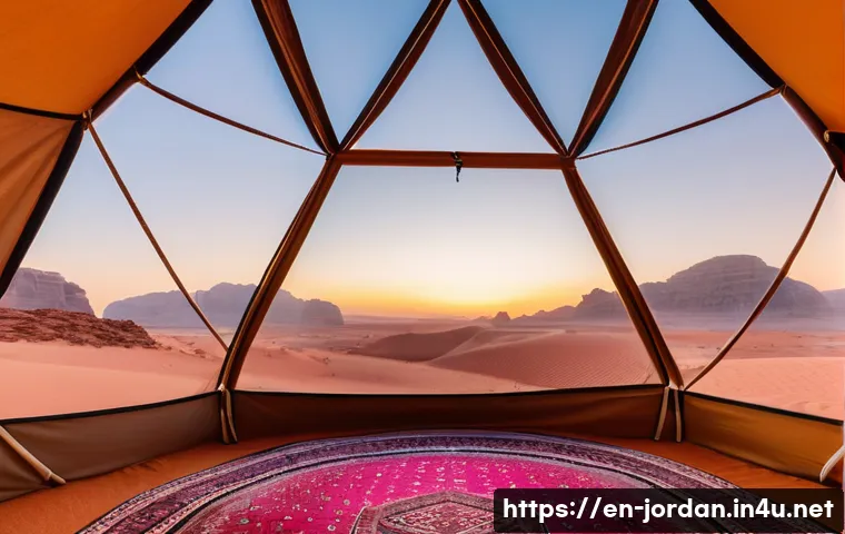 요르단 사막 캠핑 방법 - **Prompt:** A breathtaking view of a luxury geodesic dome tent nestled among the vibrant red sandsto...