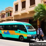 Home 21 요르단 대중교통 활용법 - A bustling street corner in Amman during daytime, featuring a colorful minibus packed with diverse l...