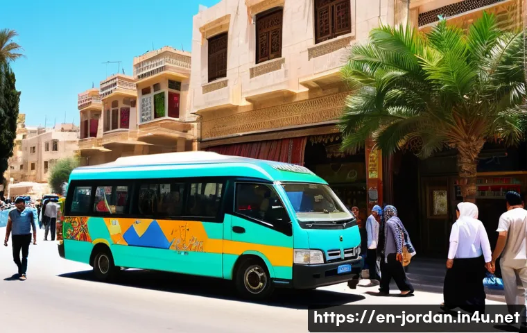 요르단 대중교통 활용법 - A bustling street corner in Amman during daytime, featuring a colorful minibus packed with diverse l...