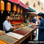 Home 20 요르단에서 영어로 소통하는 팁 - A bustling traditional Jordanian market scene in Amman during daytime, with diverse local vendors se...