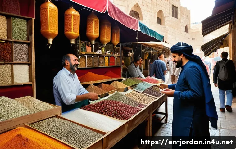 요르단에서 영어로 소통하는 팁 - A bustling traditional Jordanian market scene in Amman during daytime, with diverse local vendors se...