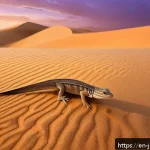 Home 19 요르단 사막의 야생동물 - A detailed desert scene at twilight featuring a sandfish lizard “swimming” beneath golden shifting s...