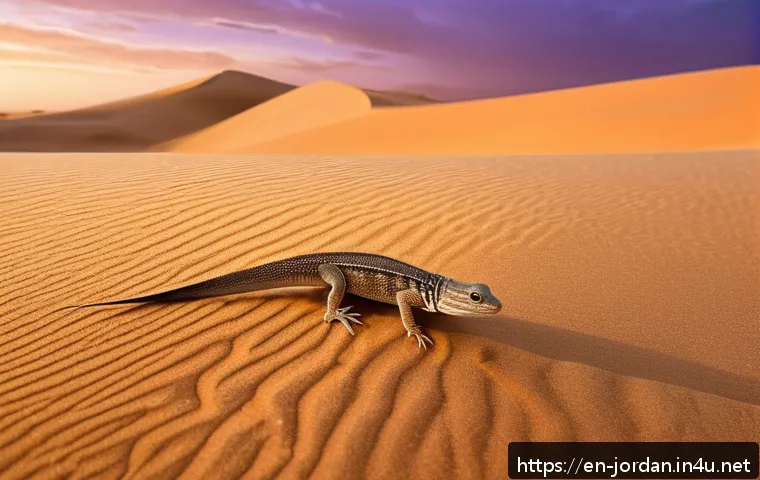 요르단 사막의 야생동물 - A detailed desert scene at twilight featuring a sandfish lizard &ldquo;swimming&rdquo; beneath golden shifting s...