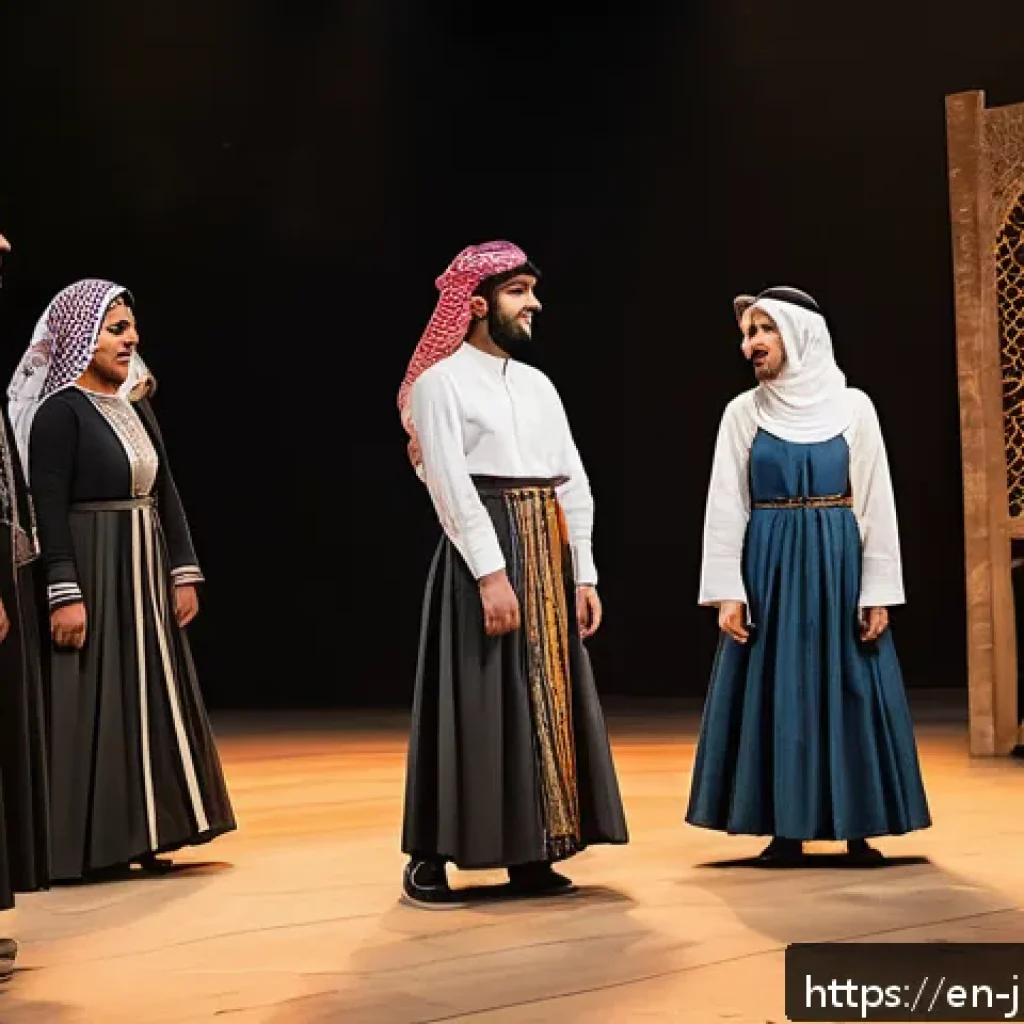요르단 유명 배우와 예술가 - A dynamic scene of Jordanian actors performing on stage in a modern theater, blending traditional Mi...