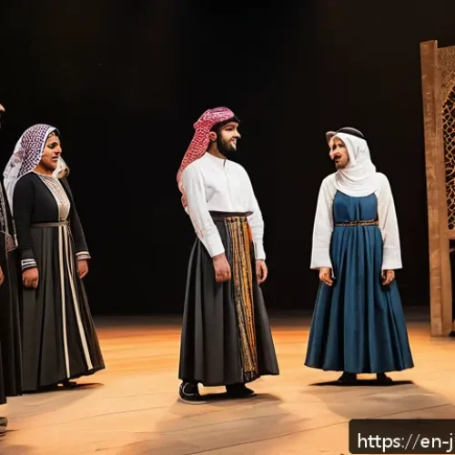 Home 30 요르단 유명 배우와 예술가 - A dynamic scene of Jordanian actors performing on stage in a modern theater, blending traditional Mi...