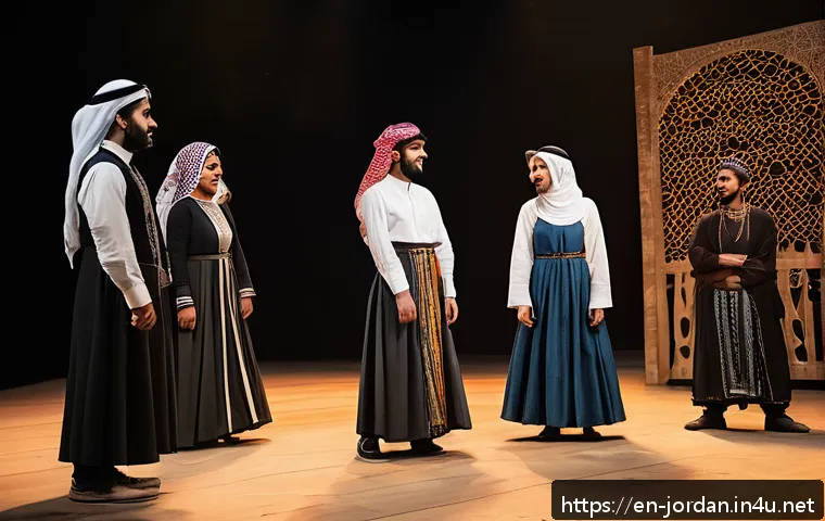 요르단 유명 배우와 예술가 - A dynamic scene of Jordanian actors performing on stage in a modern theater, blending traditional Mi...