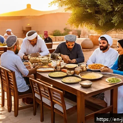 Home 17 요르단에서 라마단 기간 행동 규칙 - A warm and inviting Jordanian family gathered around a traditional wooden dining table outdoors at s...