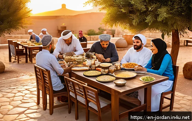 요르단에서 라마단 기간 행동 규칙 - A warm and inviting Jordanian family gathered around a traditional wooden dining table outdoors at s...