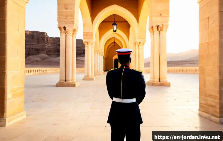요르단 왕가의 역사 - Photorealistic editorial scene of Jordanian royal history, a dignified Middle Eastern royal figure i...