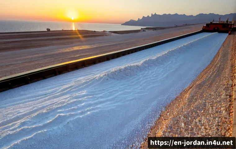 요르단의 주요 수출 품목 - Photorealistic wide-angle view of Jordan’s mineral export industry, neatly stacked white potash gran...